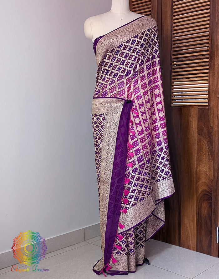 Purple Pink Banarasi Bandhani Khaddi Georgette Saree – Bandhani Saree Online India | Elegantt Drapes