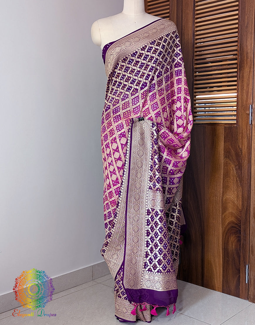Purple Pink Banarasi Bandhani Khaddi Georgette Saree – Bandhani Saree Online India | Elegantt Drapes