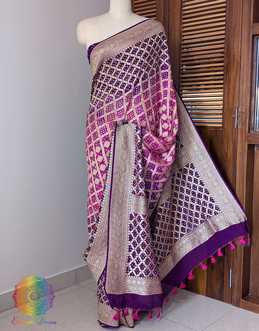 Purple Pink Banarasi Bandhani Khaddi Georgette Saree – Bandhani Saree Online India | Elegantt Drapes