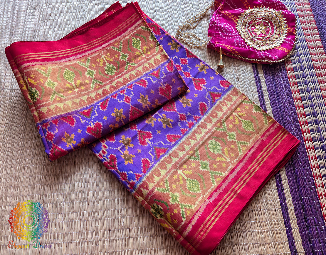 Purple Red Pure Mulberry Silk Rajkot Patola Saree – Handloom Saree Online India | Elegantt Drapes
