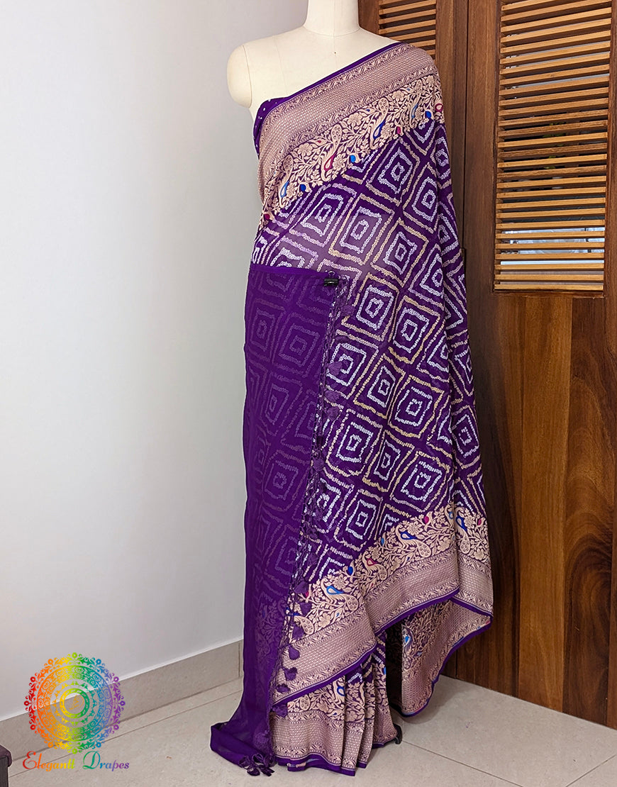 Purple Pure Banarasi Georgette Meenakari Bandhani Saree – Bandhani Saree Online India | Elegantt Drapes