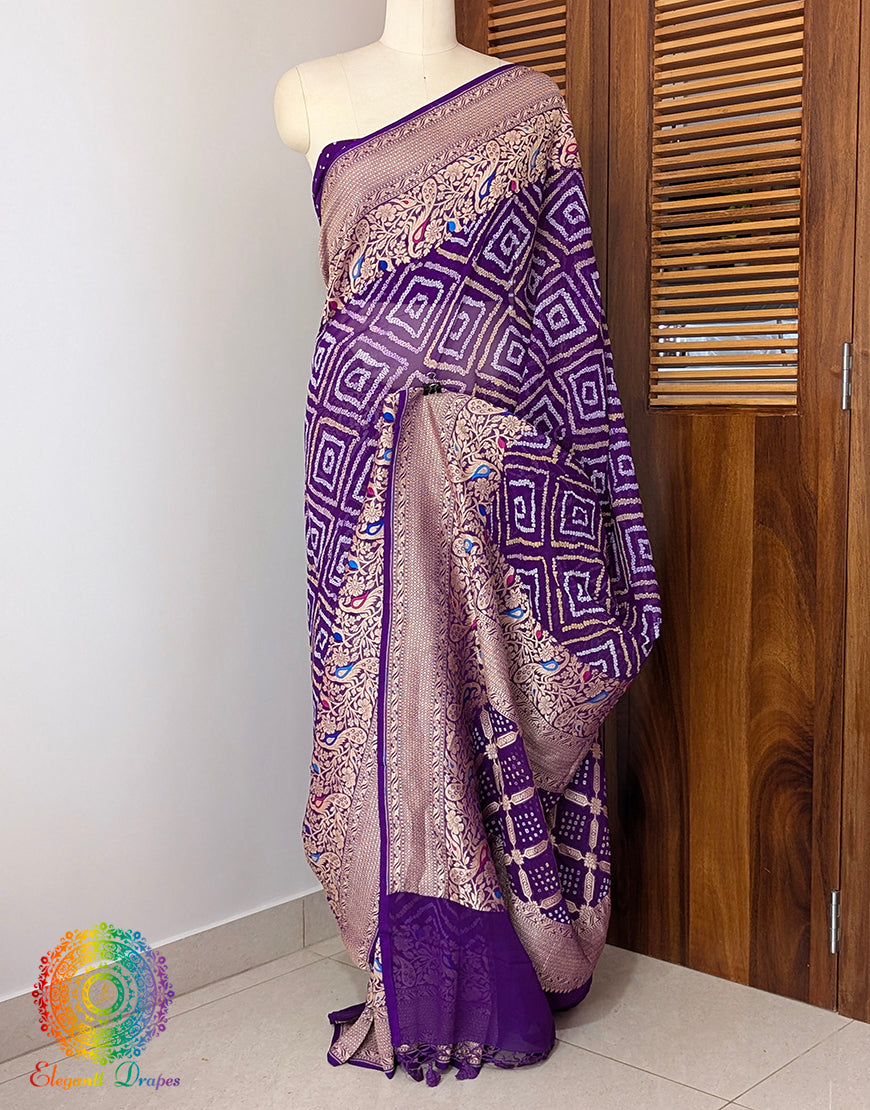 Purple Pure Banarasi Georgette Meenakari Bandhani Saree – Bandhani Saree Online India | Elegantt Drapes
