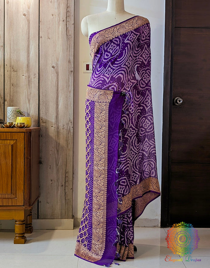 Purple Pure Banarasi Khaddi Georgette Rai Bandhej Saree – Bandhani Saree Online India | Elegantt Drapes