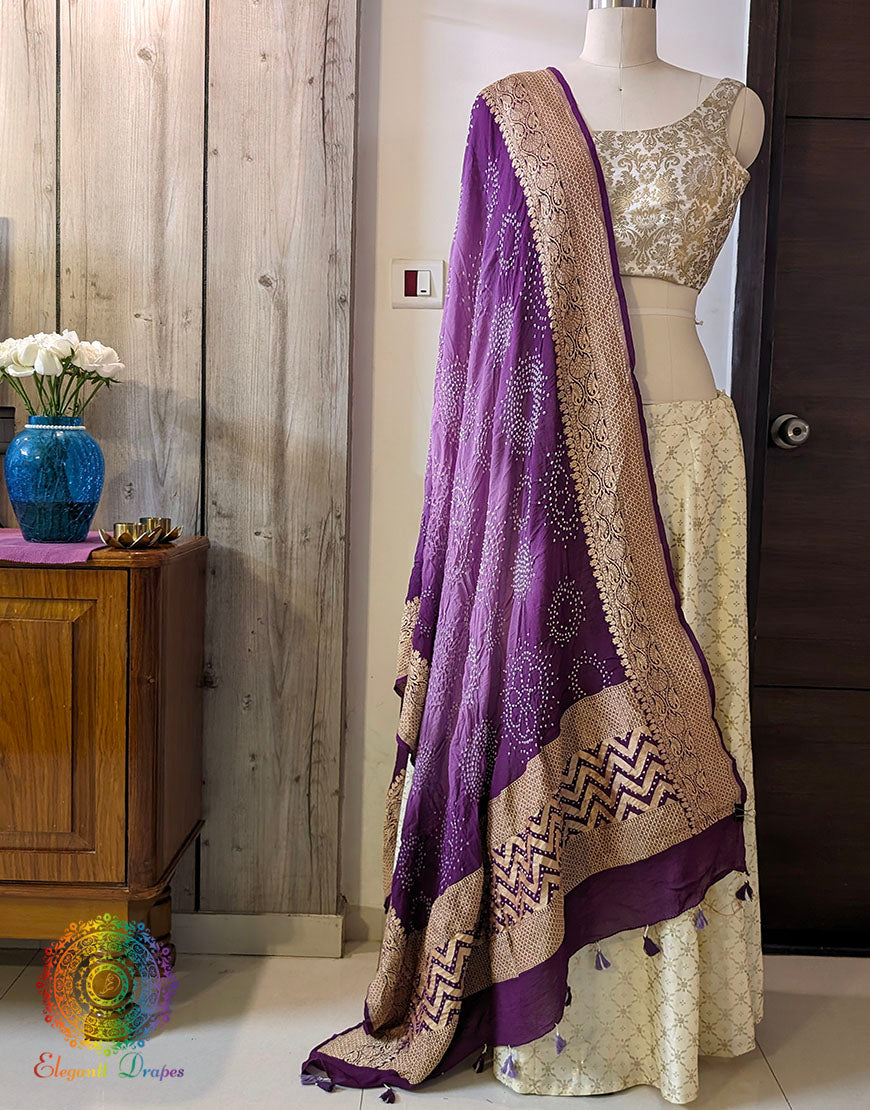 Purple Pure Banarasi Georgette Rai Bandhej Dupatta – Bandhani Saree Online India | Elegantt Drapes