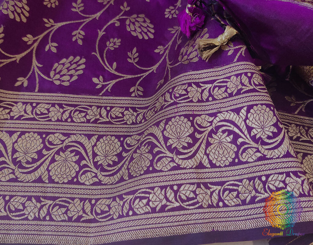 Purple Pure Banarasi Katan Silk Floral Jaal Saree – Handloom Saree Online India | Elegantt Drapes