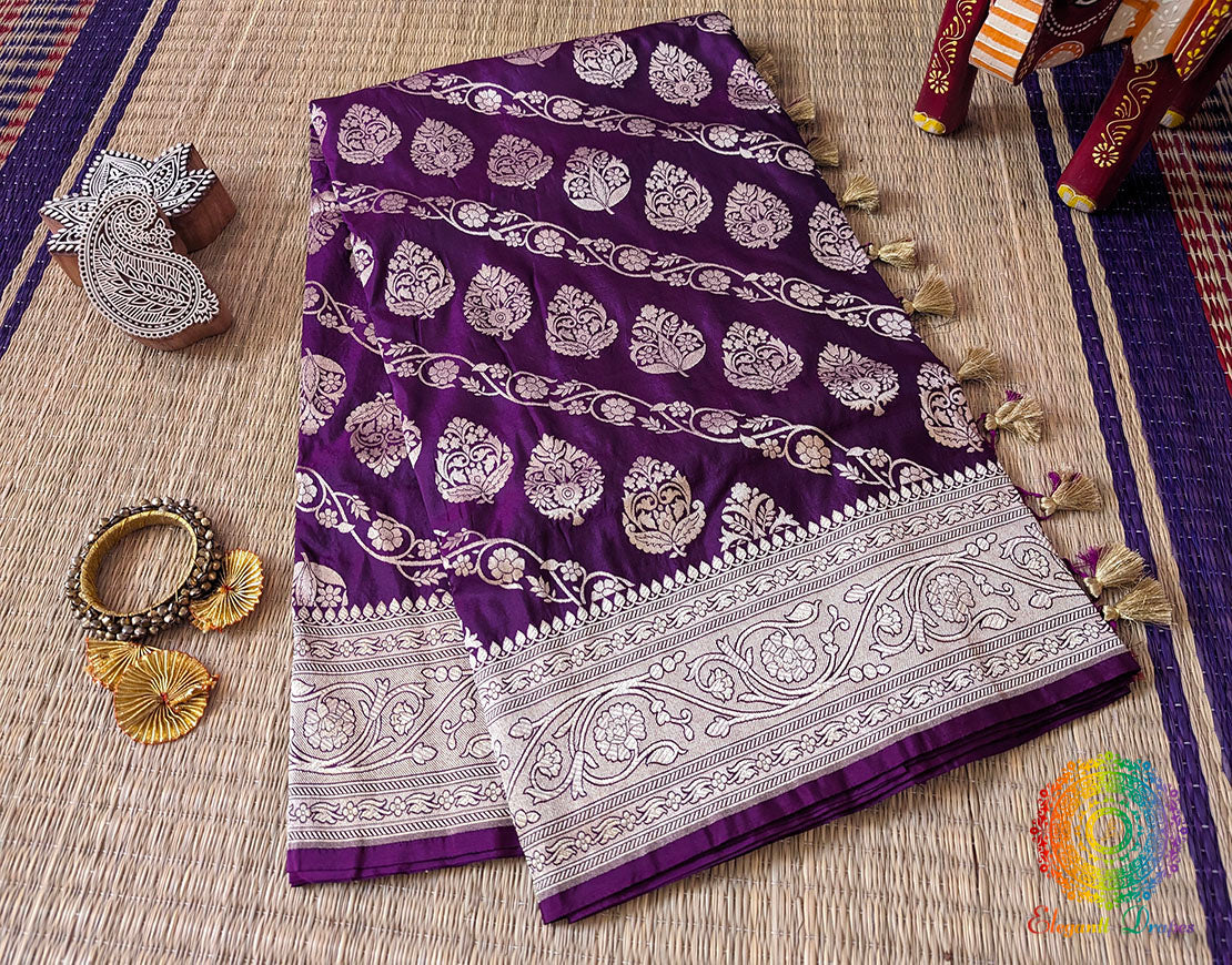 Purple Pure Banarasi Katan Silk Jaal Saree – Handloom Saree Online India | Elegantt Drapes