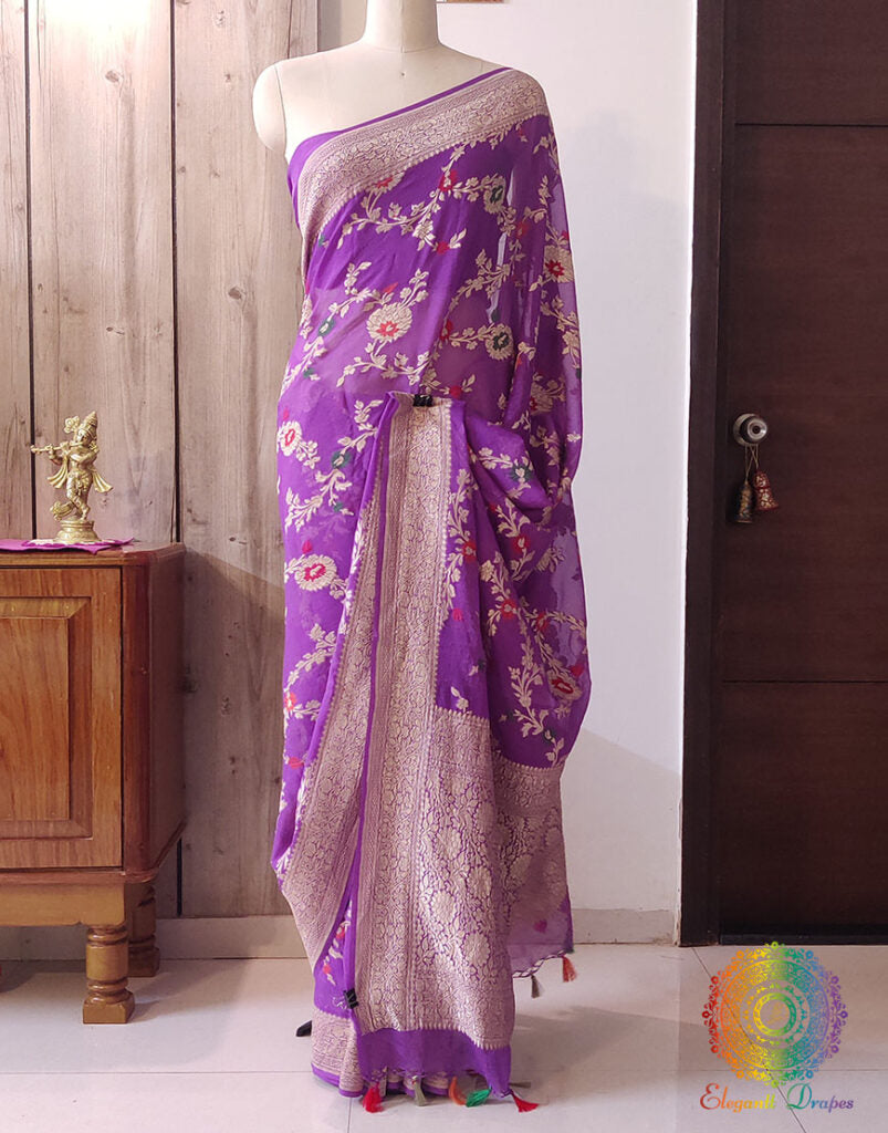 Lavender Banarasi Pure Khaddi Georgete Meenakari Saree – Handloom Saree Online India | Elegantt Drapes