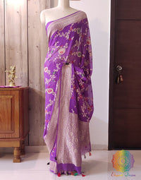Lavender Banarasi Pure Khaddi Georgete Meenakari Saree – Handloom Saree Online India | Elegantt Drapes