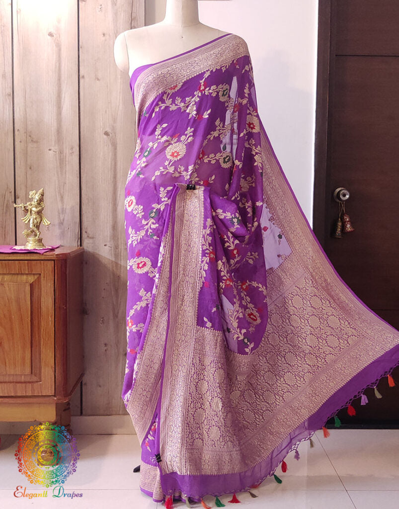 Lavender Banarasi Pure Khaddi Georgete Meenakari Saree – Handloom Saree Online India | Elegantt Drapes