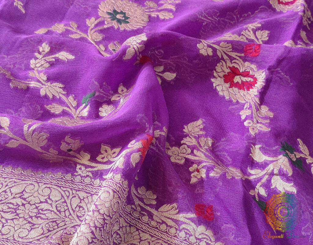 Lavender Banarasi Pure Khaddi Georgete Meenakari Saree – Handloom Saree Online India | Elegantt Drapes