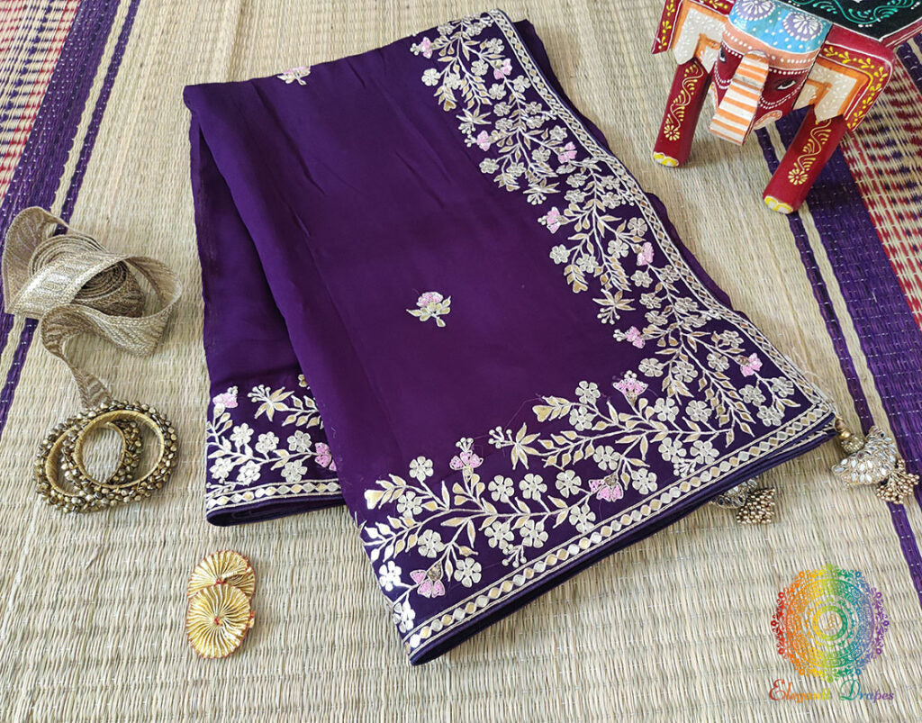 Brinjal Pure Organza Gota Patti Dabka Handwork Saree – Handloom Saree Online India | Elegantt Drapes