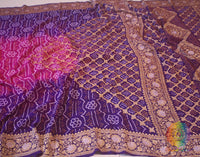 Purple Pink Pure Banarasi Khaddi Georgette Rai Bandhej Saree | Elegantt Drapes