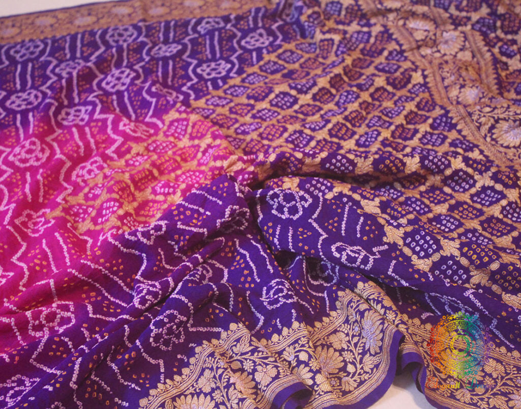 Purple Pink Pure Banarasi Khaddi Georgette Rai Bandhej Saree | Elegantt Drapes