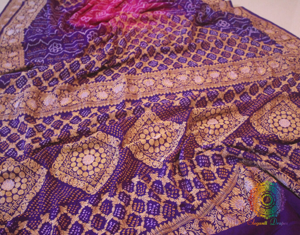 Purple Pink Pure Banarasi Khaddi Georgette Rai Bandhej Saree | Elegantt Drapes