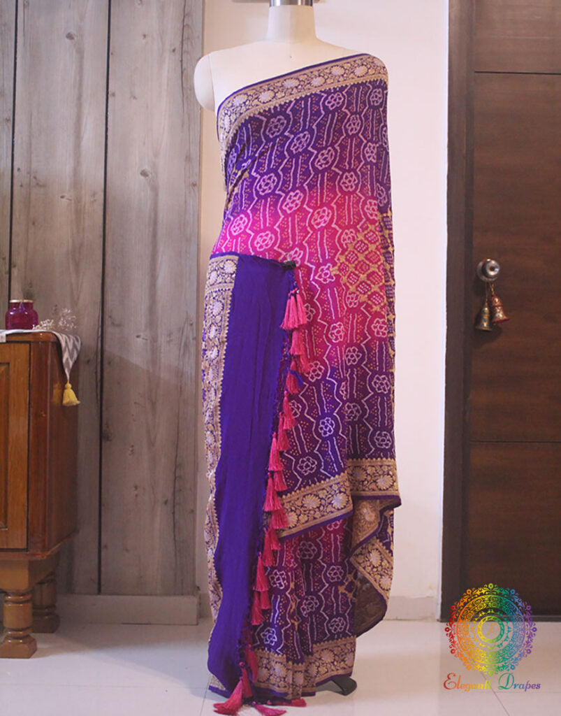 Purple Pink Pure Banarasi Khaddi Georgette Rai Bandhej Saree | Elegantt Drapes