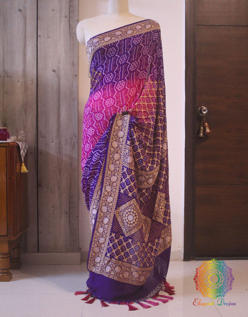 Purple Pink Pure Banarasi Khaddi Georgette Rai Bandhej Saree | Elegantt Drapes