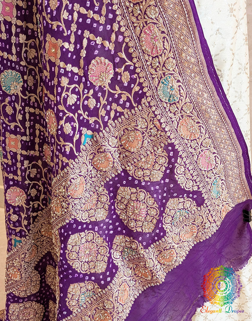 Purple Bandhani Georgette Zardozi Embroidered Dupatta – Bandhani Saree Online India | Elegantt Drapes