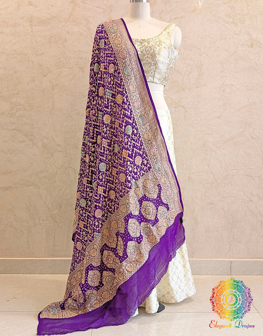 Purple Bandhani Georgette Zardozi Embroidered Dupatta – Bandhani Saree Online India | Elegantt Drapes