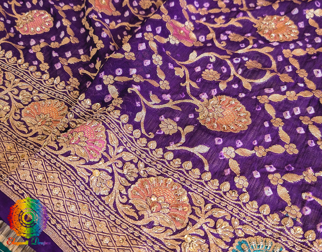 Purple Bandhani Georgette Zardozi Embroidered Dupatta – Bandhani Saree Online India | Elegantt Drapes