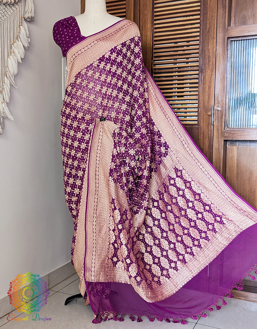 Purple Banarasi Bandhani Khaddi Georgette Saree – Bandhani Saree Online India | Elegantt Drapes