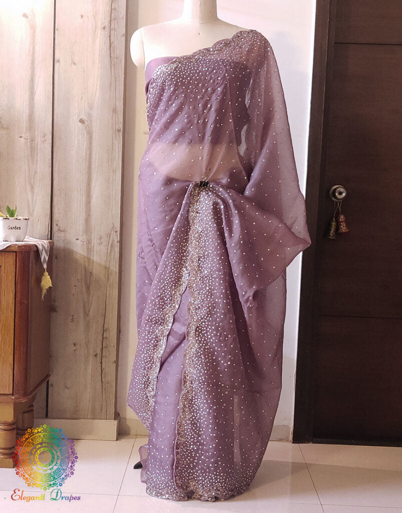 Mauve Pure Organza Silk Handwork Saree – Handloom Saree Online India | Elegantt Drapes