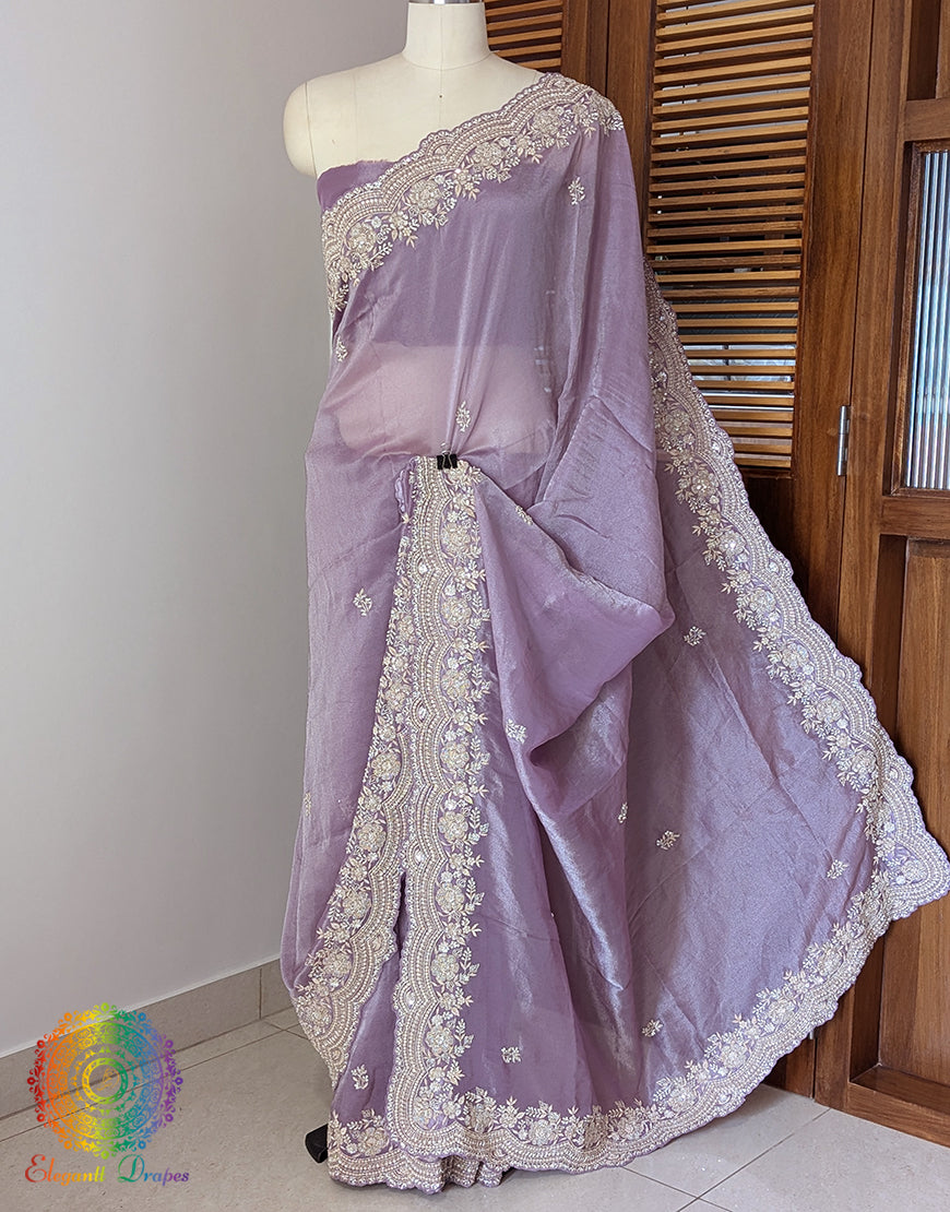 Purple Tissue Organza Zardozi Handwork Saree – Handloom Saree Online India | Elegantt Drapes