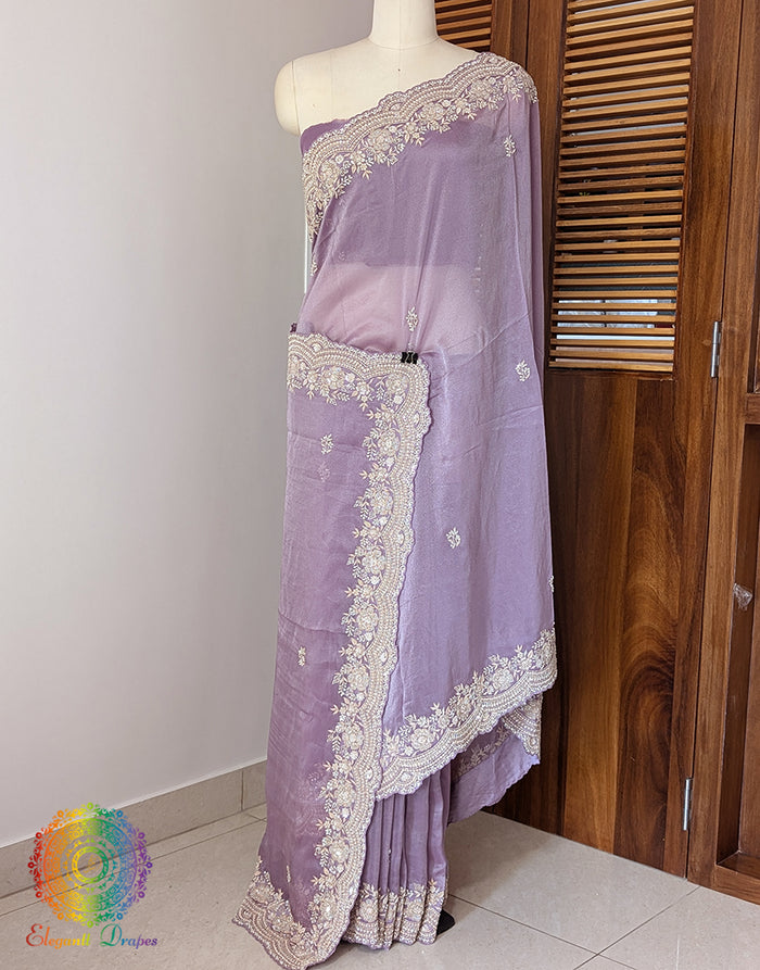 Purple Tissue Organza Zardozi Handwork Saree – Handloom Saree Online India | Elegantt Drapes