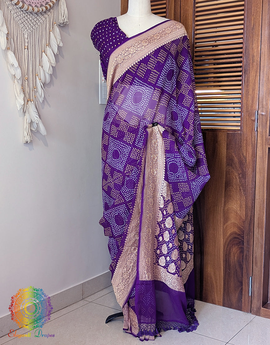 Purple Banarasi Pure Georgette Bandhani Saree – Bandhani Saree Online India | Elegantt Drapes