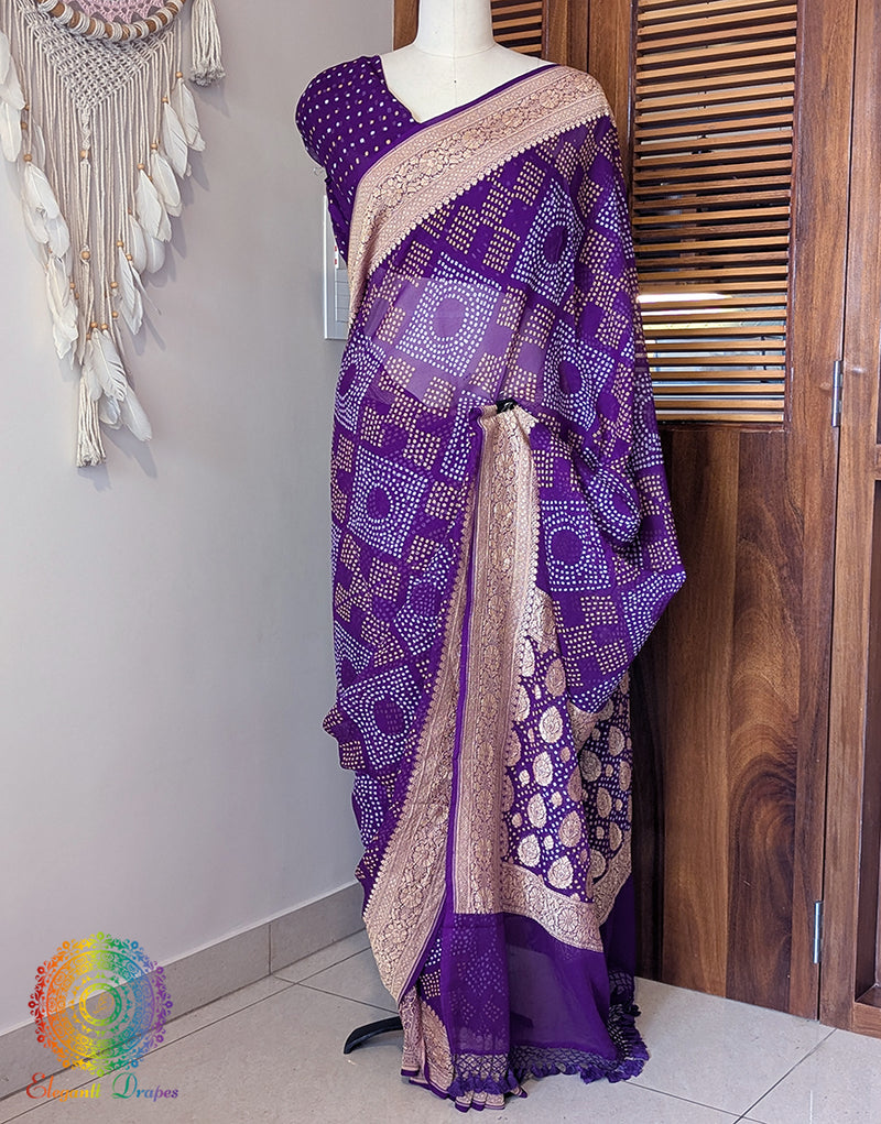 Purple Banarasi Pure Georgette Bandhani Saree – Bandhani Saree Online India | Elegantt Drapes