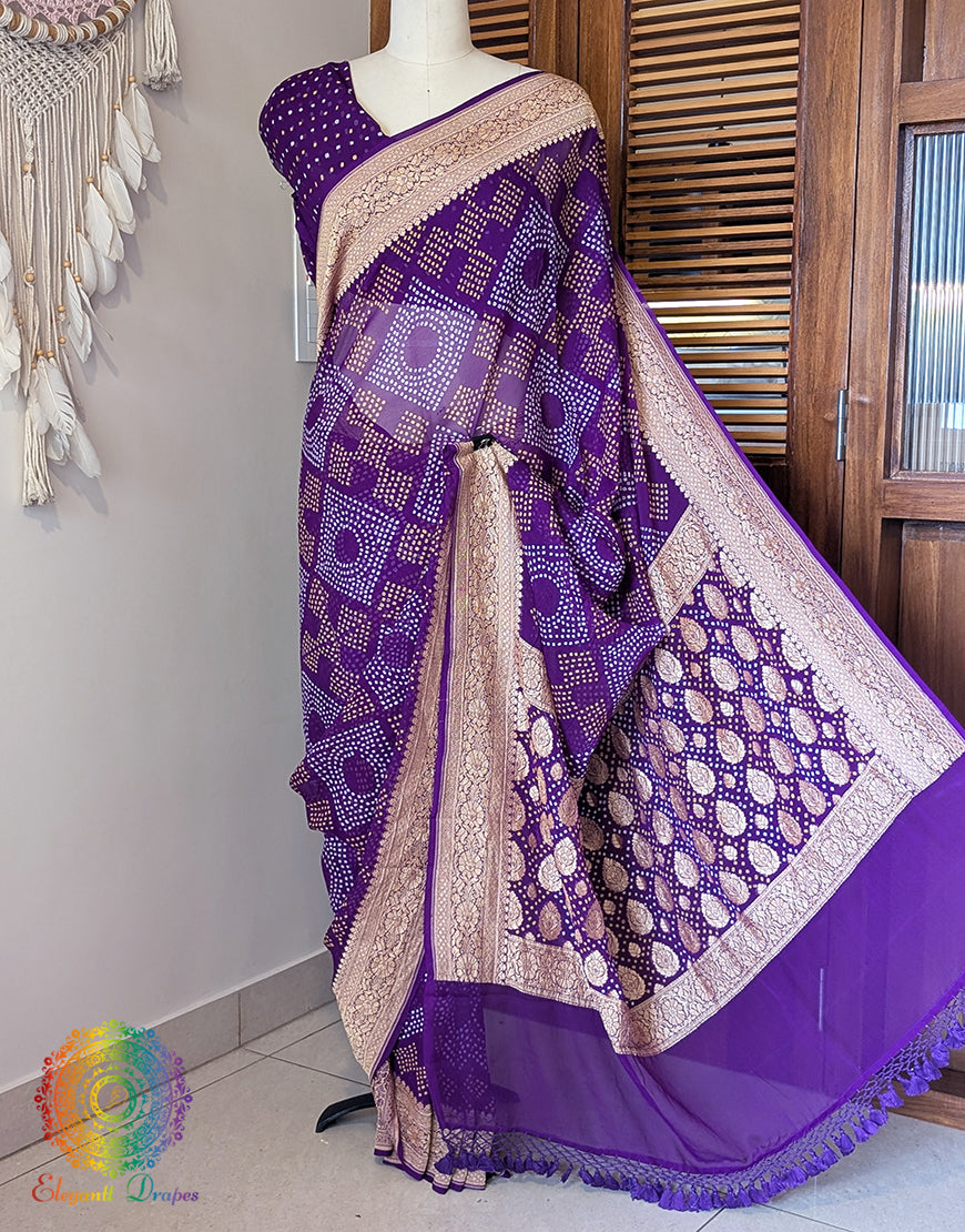 Purple Banarasi Pure Georgette Bandhani Saree – Bandhani Saree Online India | Elegantt Drapes