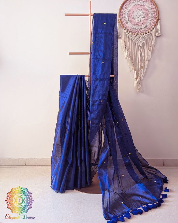 Royal blue Bengal mul tissue saree drape view with sequins work