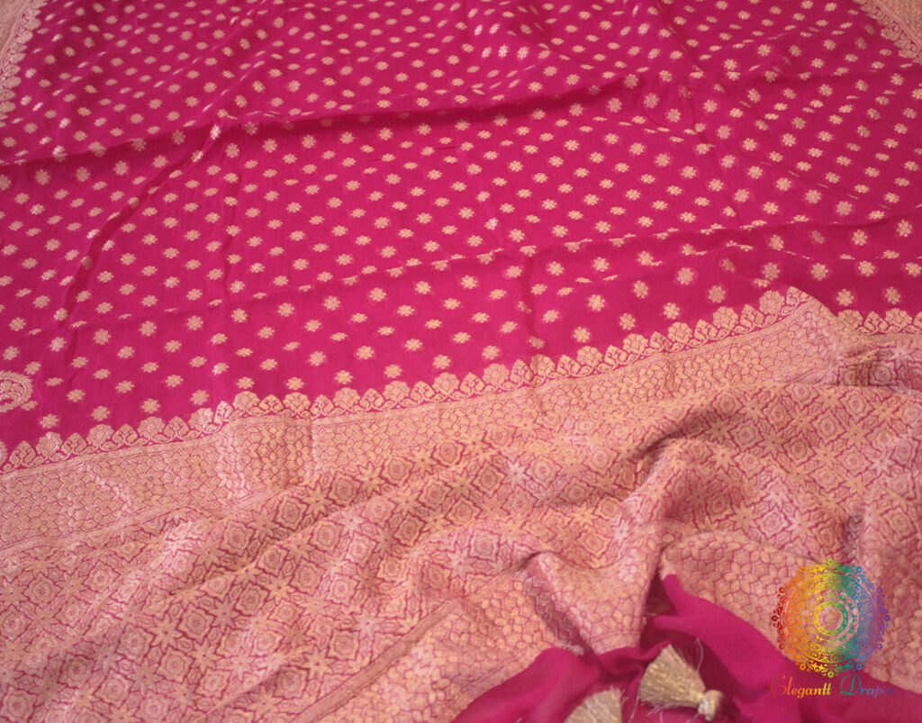 Rani Pink Banarasi Pure Khaddi Georgete Konia Saree | Elegantt Drapes