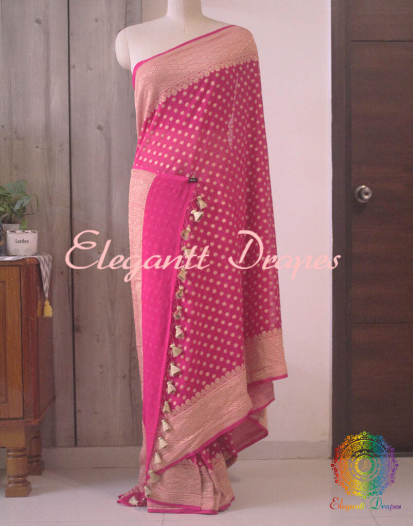 Rani Pink Banarasi Pure Khaddi Georgete Konia Saree | Elegantt Drapes
