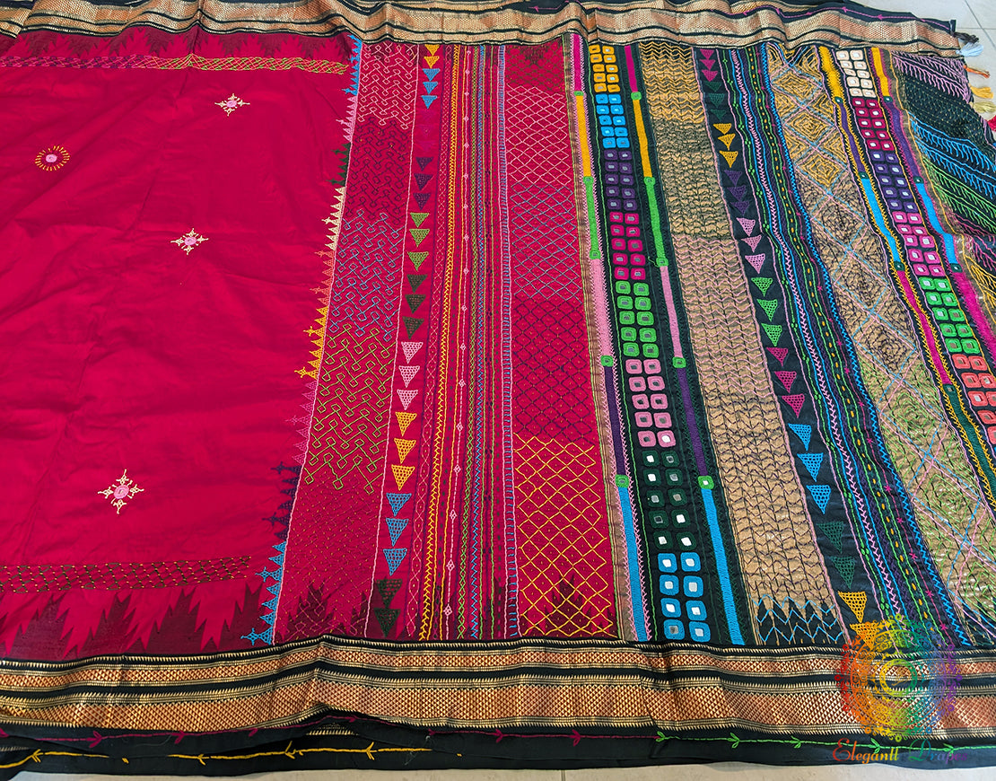 Red Pure Ilkal Silk Lambani Handwork Saree – Ilkal Handloom Saree Online India | Elegantt Drapes