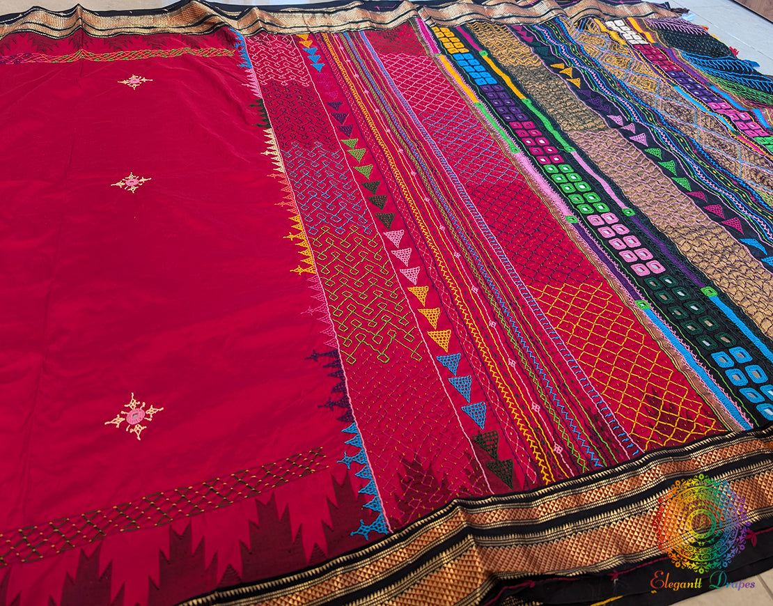 Red Pure Ilkal Silk Lambani Handwork Saree – Ilkal Handloom Saree Online India | Elegantt Drapes