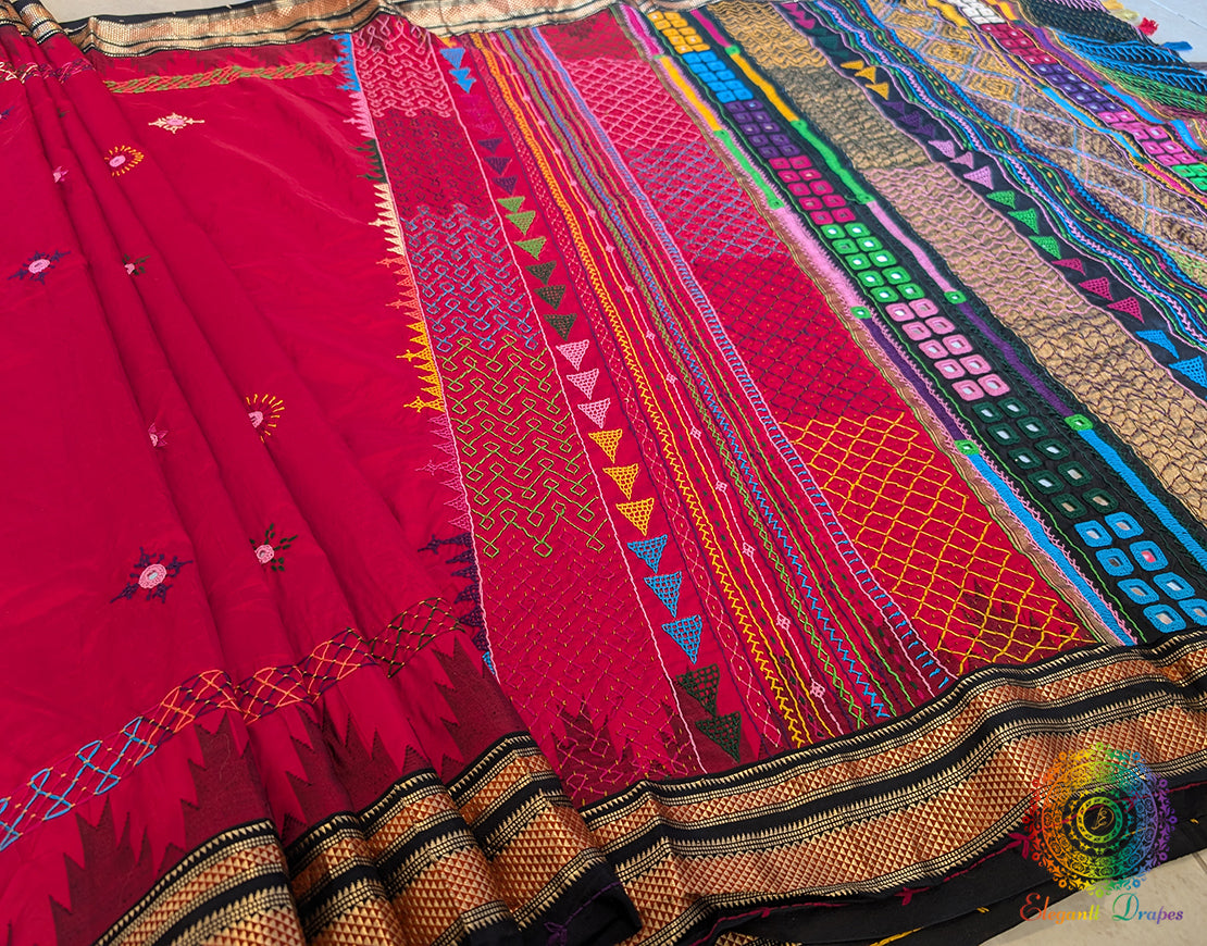 Red Pure Ilkal Silk Lambani Handwork Saree – Ilkal Handloom Saree Online India | Elegantt Drapes