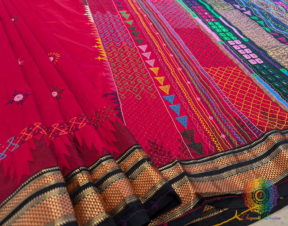 Red Pure Ilkal Silk Lambani Handwork Saree – Ilkal Handloom Saree Online India | Elegantt Drapes