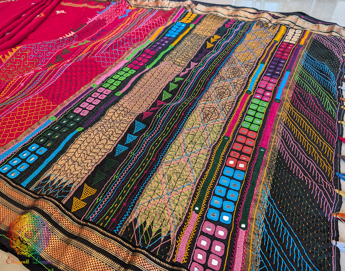 Red Pure Ilkal Silk Lambani Handwork Saree – Ilkal Handloom Saree Online India | Elegantt Drapes