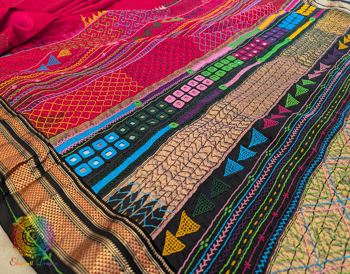 Red Pure Ilkal Silk Lambani Handwork Saree – Ilkal Handloom Saree Online India | Elegantt Drapes