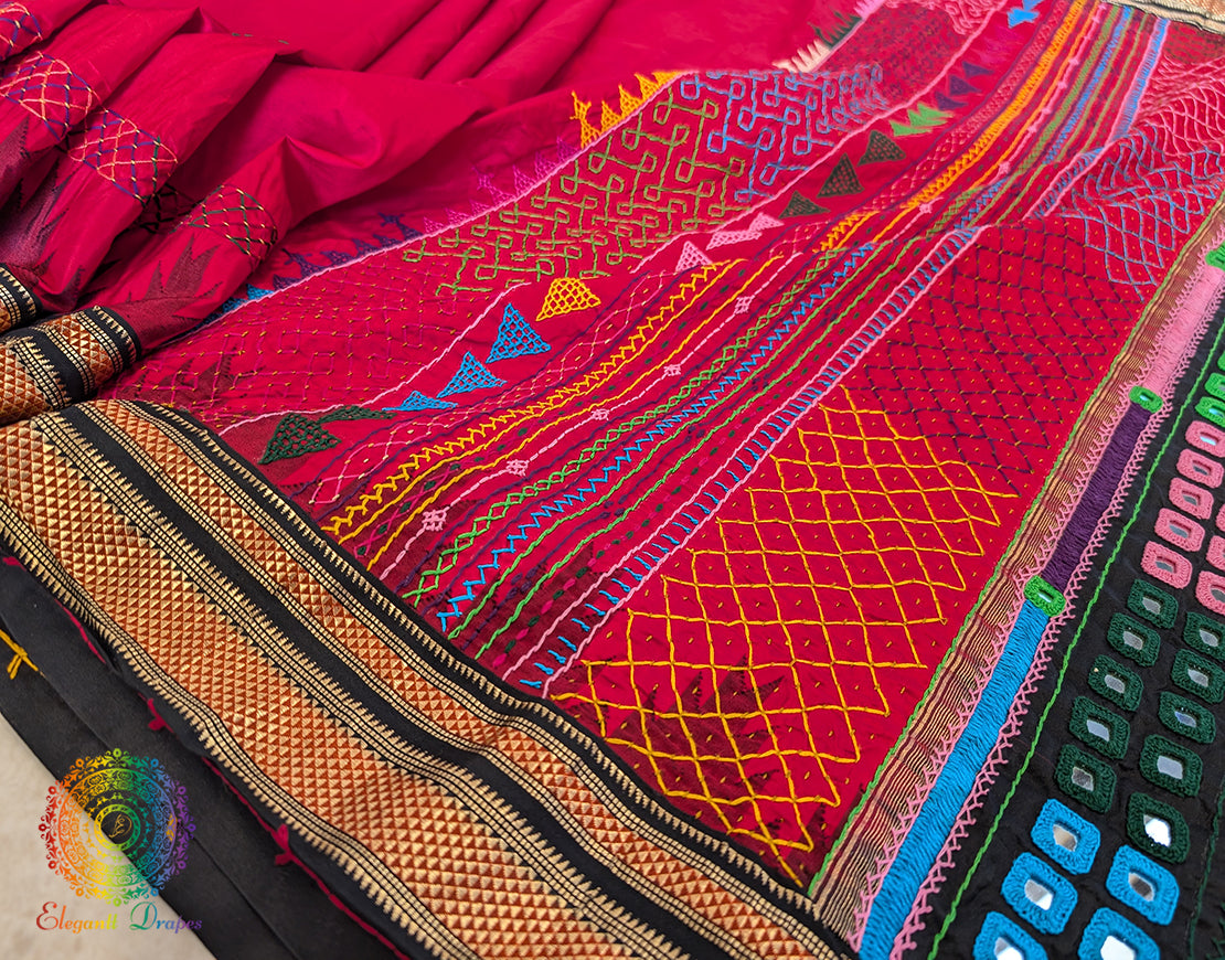 Red Pure Ilkal Silk Lambani Handwork Saree – Ilkal Handloom Saree Online India | Elegantt Drapes