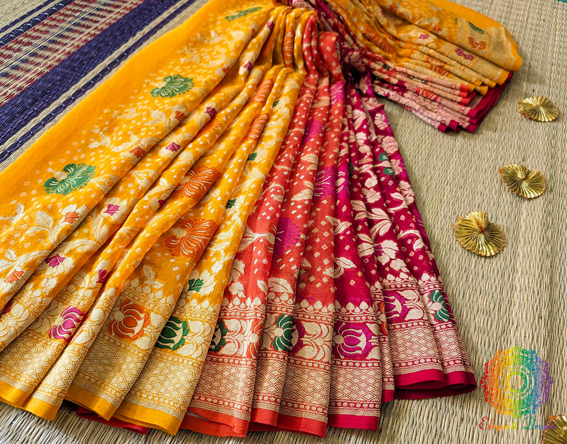 Red yellow Banarasi georgette Bandhani Meenakari saree full view