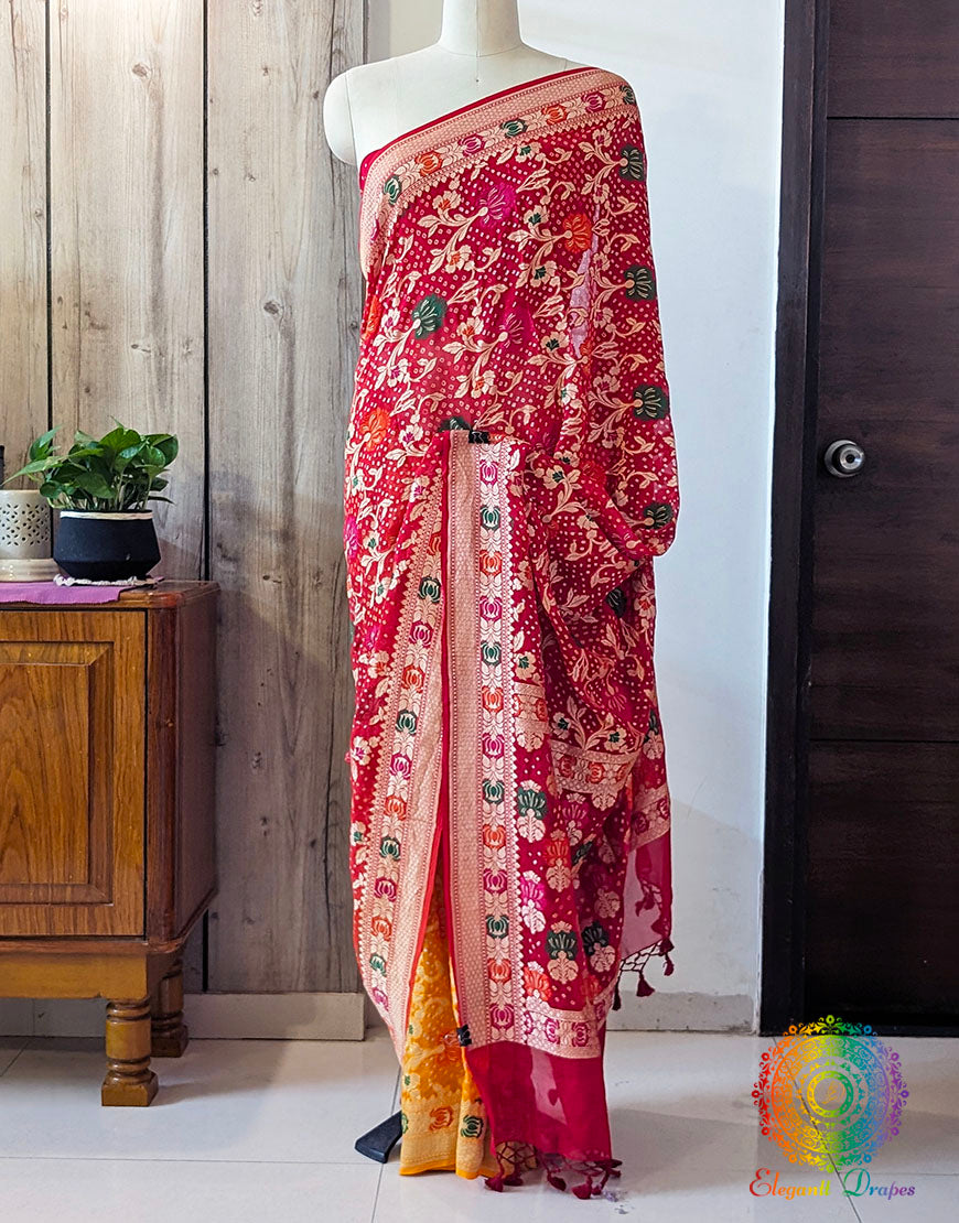 Meenakari weaving detail on Banarasi georgette Bandhani saree