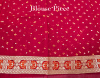 Blouse detail of red yellow Bandhani Banarasi georgette saree