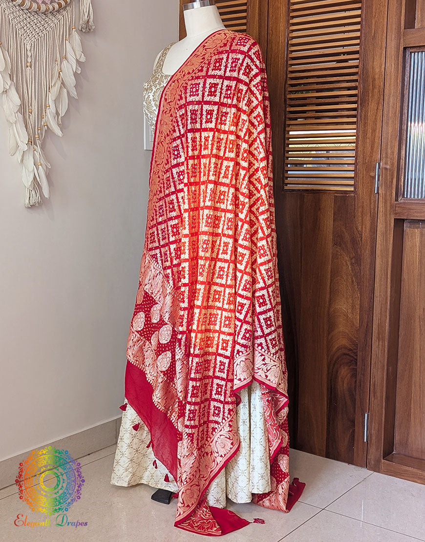 Red Orange Banarasi Bandhani Georgette Dupatta – Bandhani Saree Online India | Elegantt Drapes