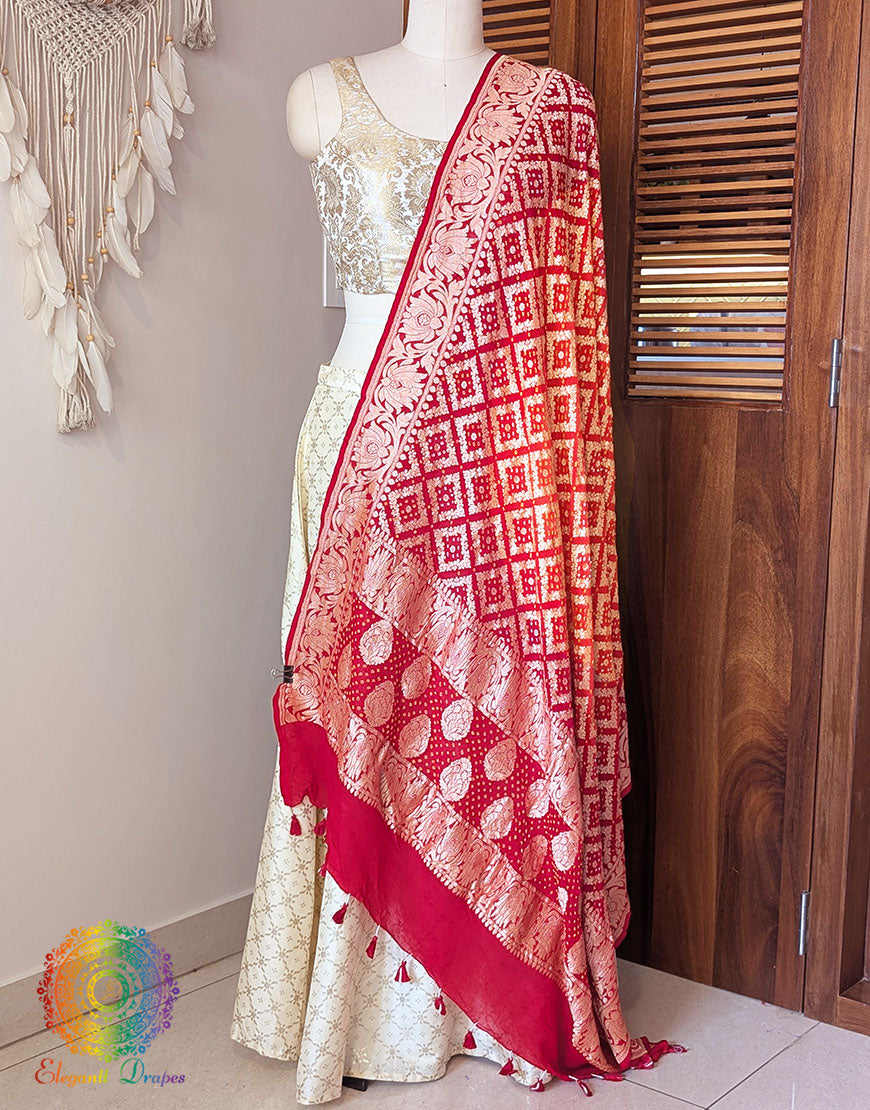 Red Orange Banarasi Bandhani Georgette Dupatta – Bandhani Saree Online India | Elegantt Drapes