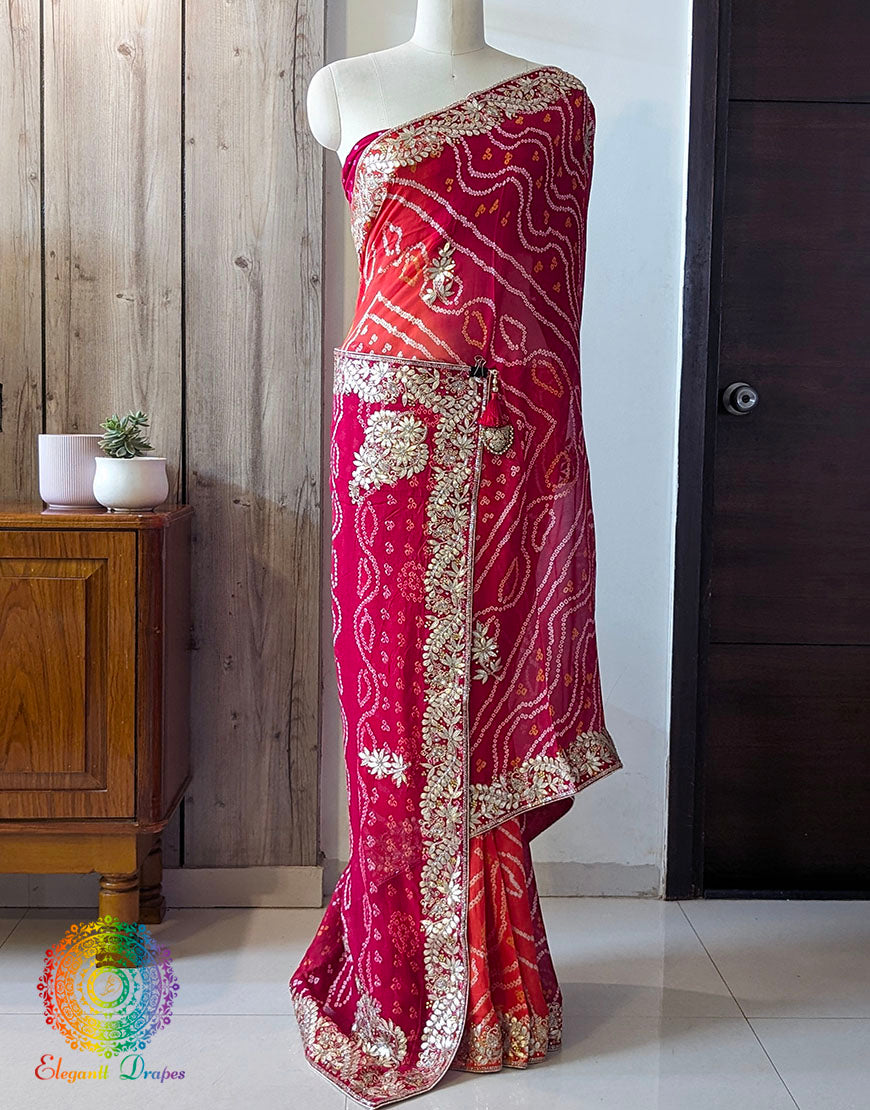 Red Orange Pure Chinon Bandhej Gota Patti Saree