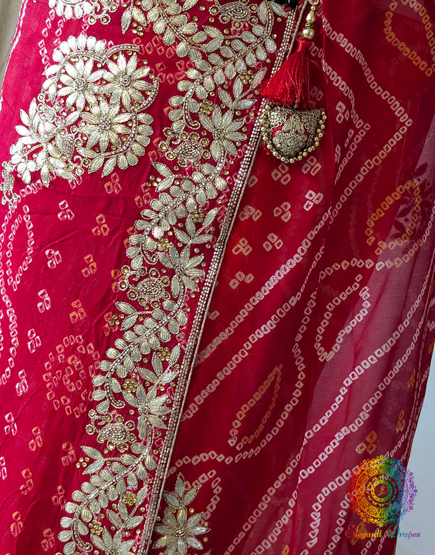 Red Orange Pure Chinon Bandhej Gota Patti Saree