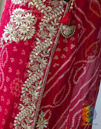 Red Orange Pure Chinon Bandhej Gota Patti Saree