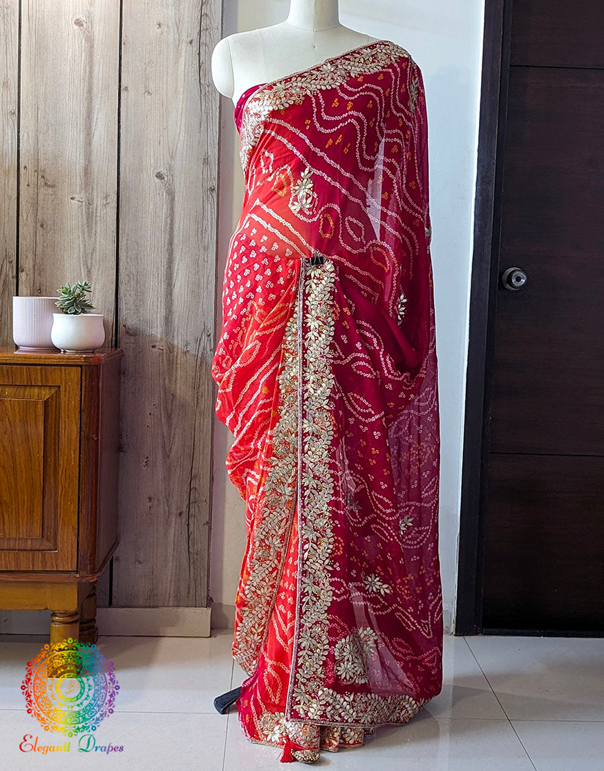 Red Orange Pure Chinon Bandhej Gota Patti Saree