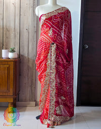 Red Orange Pure Chinon Bandhej Gota Patti Saree